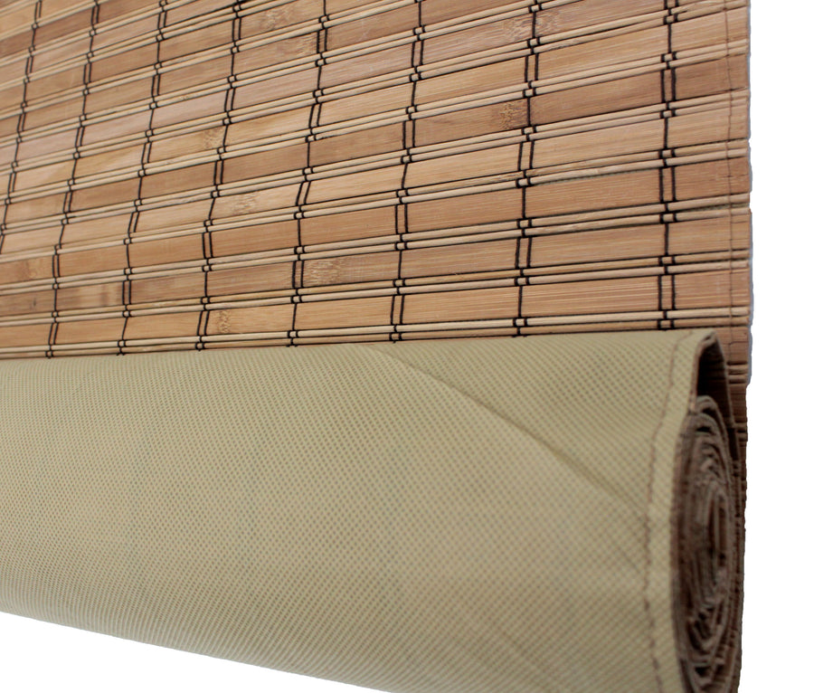 Brown Carbonized Bamboo Slat Cordless Roll Up Blind with Privacy Liner Backer