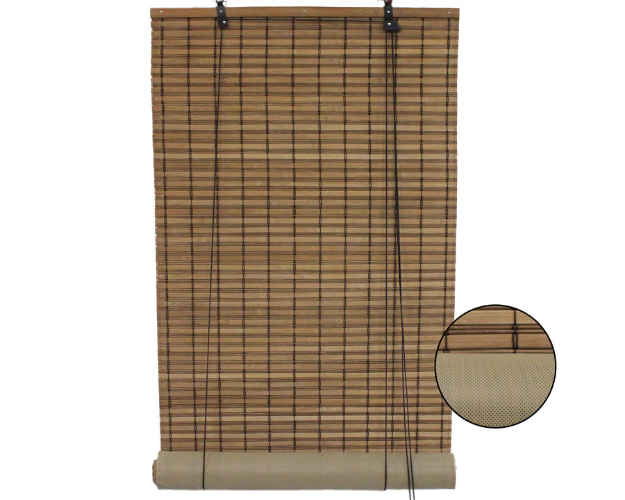 Brown Carbonized Bamboo Slat Roll Up Blind with Privacy Liner Backer