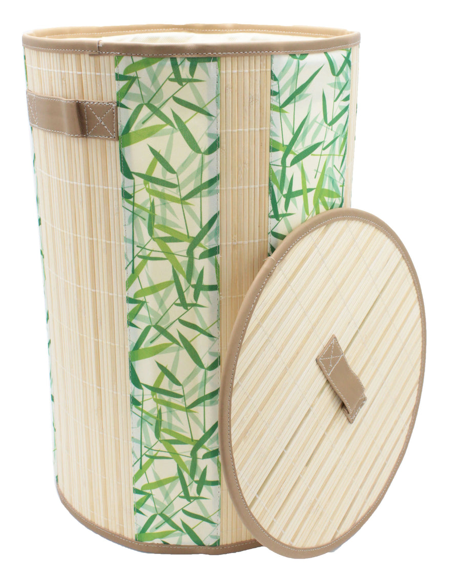 Foldable Bamboo Round Green Leaves Canvas Laundry Hamper with Lid