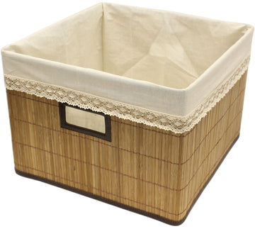 Brown Natural Bamboo Square Storage Bin Container with Cloth Liner [3 Pack]