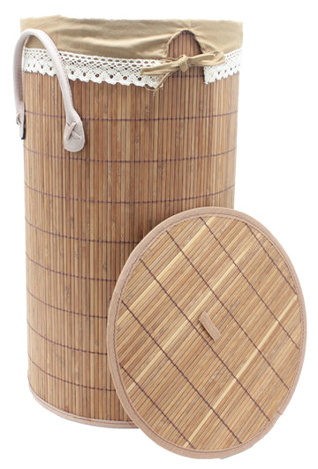 Foldable Brown Bamboo Round Laundry Hamper with Cloth Lace Liner