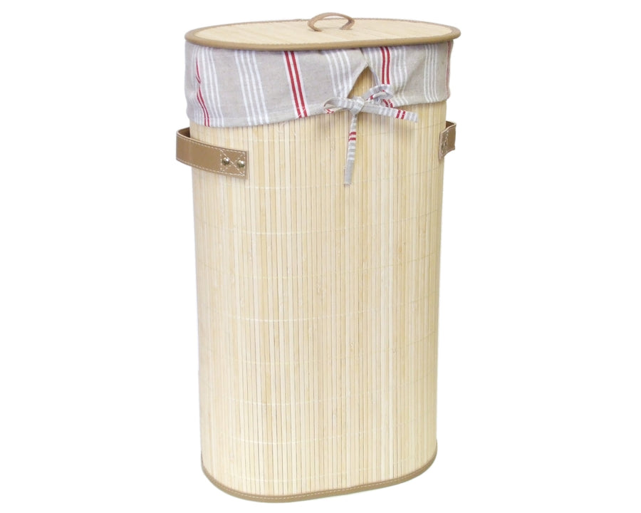 Foldable Bamboo Oval Laundry Hamper with Lid and Removable Cloth Liner
