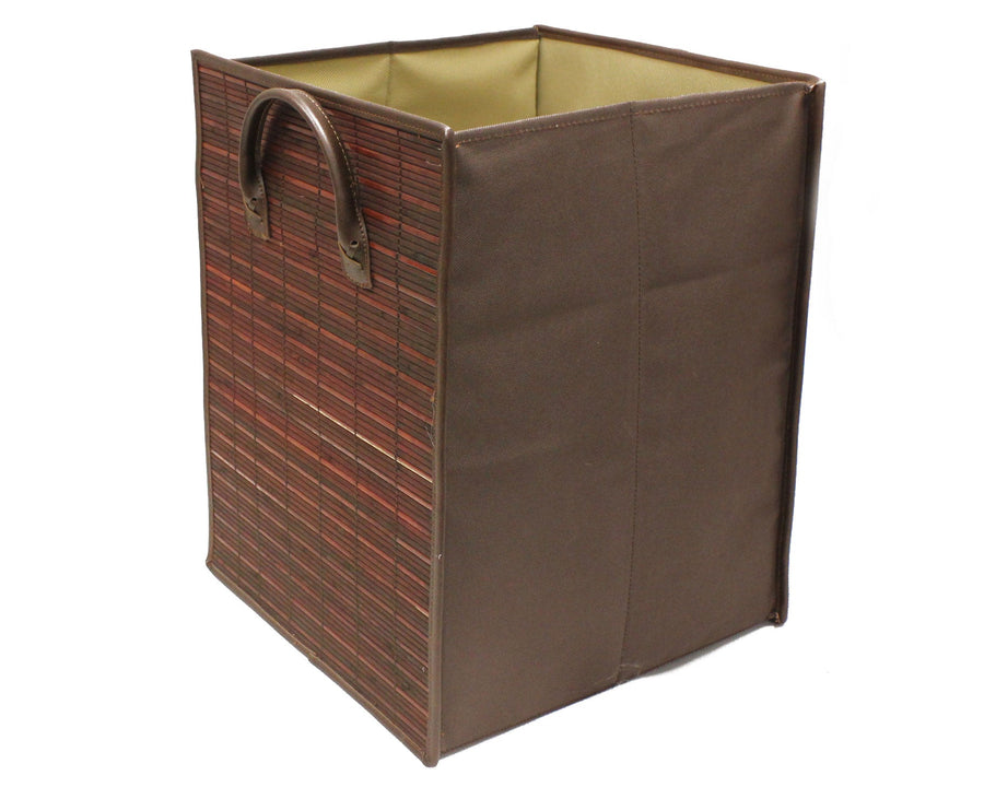 Foldable Square Burgundy Stained Bamboo Storage Laundry Hamper with Handle